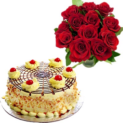 "Round shape cake - 1kg , 12 Red roses Bunch - Click here to View more details about this Product